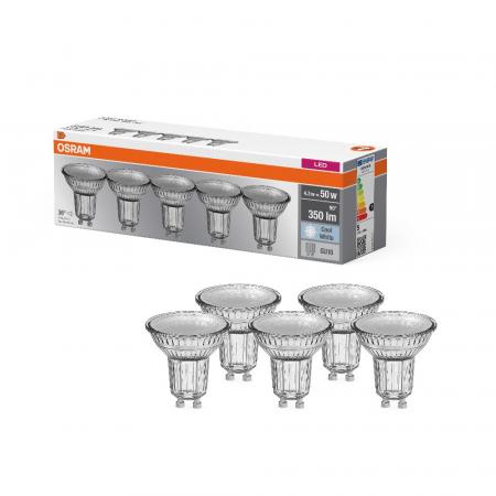 5er-PACK OSRAM LED Base PAR16 GU10 Strahler 4.3W=50W 36° neutralweiss GLAS